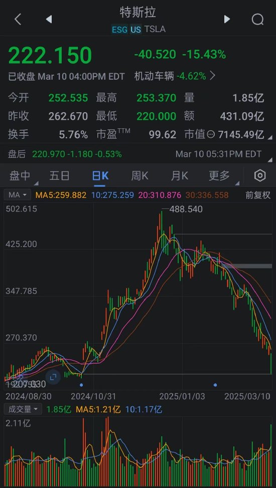 特斯拉大跌15% 股价较历史最高点腰斩